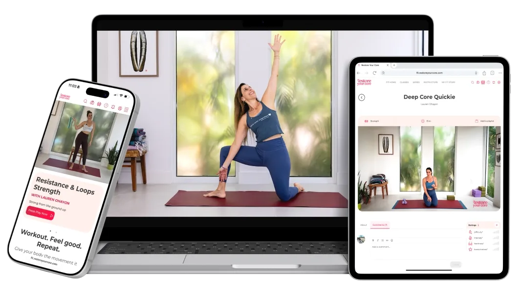 RYC® FIT classes shown on a laptop, tablet and phone
